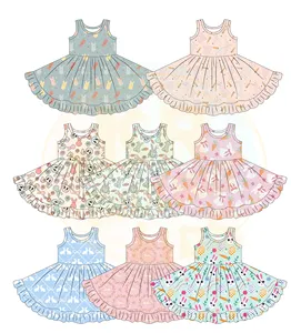 Fashion Baby Clothing High Quality Cute Princess Dresses Custom Floral Animal Rabbit Printed Frocks Fancy Girls Dresses