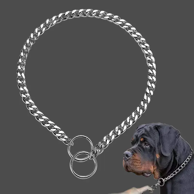 Metal Iron Chain Dog Collar Silver Cuban Link Dog Slip P Chain Choke Collar Strong Slip Dog Collars for Pet Training