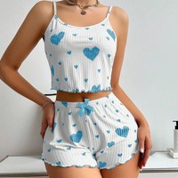 Conjunto de pijama de verano para mujer, 2 piezas, suave, informal, con estampado de corazones, camiseta sin mangas y pantalones cortos, lencería, ropa de dormir.