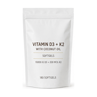Capsules de vitamine D3 K2 avec huile de coco, 180 unités, 10000 UI D3, 200 mcg K2, faible teneur en matières grasses et en sucre, OEM/étiquette privée pour adultes