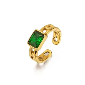 High Quality Fashion Jewelry, Openwork thick open ring Waterproof Dainty Gold Plated Rectangular Emerald Zircon Ring For Women/