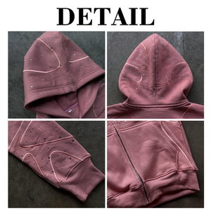 New Fashion Acid Washed Rhinestone Hoodie Vintage Sun Fade Effect Customize Distressed Embroidery Patch Men Zipup Hoodie - Product Image 6
