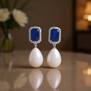 E2622 Orecchini pendenti in oro bianco con zirconi blu e perle finte, gioielli classici da festa per donna - Product Image 2