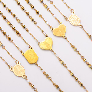 Collier de chapelet Jésus <span class=keywords><strong>en</strong></span> acier inoxydable plaqué <span class=keywords><strong>or</strong></span> 18 carats avec perles rondes <span class=keywords><strong>et</strong></span> perles pour hommes <span class=keywords><strong>et</strong></span> femmes chaîne de chandail - Product Image 1