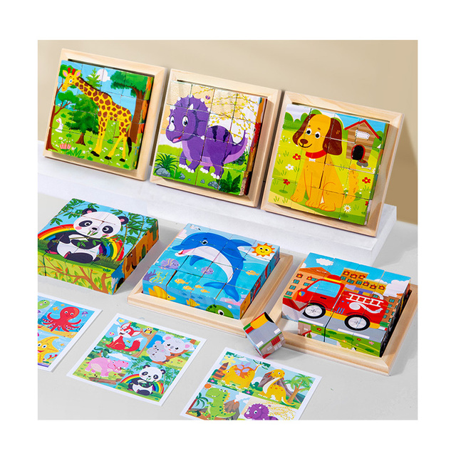 Montessori Educational Wooden 3D Puzzle Six Themes Childhood Cartoon Building Blocks Games Toys for Kids Boys Girls