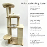 Arbre à chat spirale multi-niveaux SkyPath moderne et luxueux avec maisonnette fermée, capsule spatiale et poteaux à gratter en sisal pour intérieur