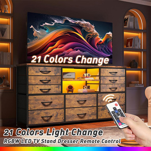 Meuble-lavabo en bois avec prise de courant Lumières LED Centre de divertissement de salon au design traditionnel avec tiroirs de rangement - Product Image 4