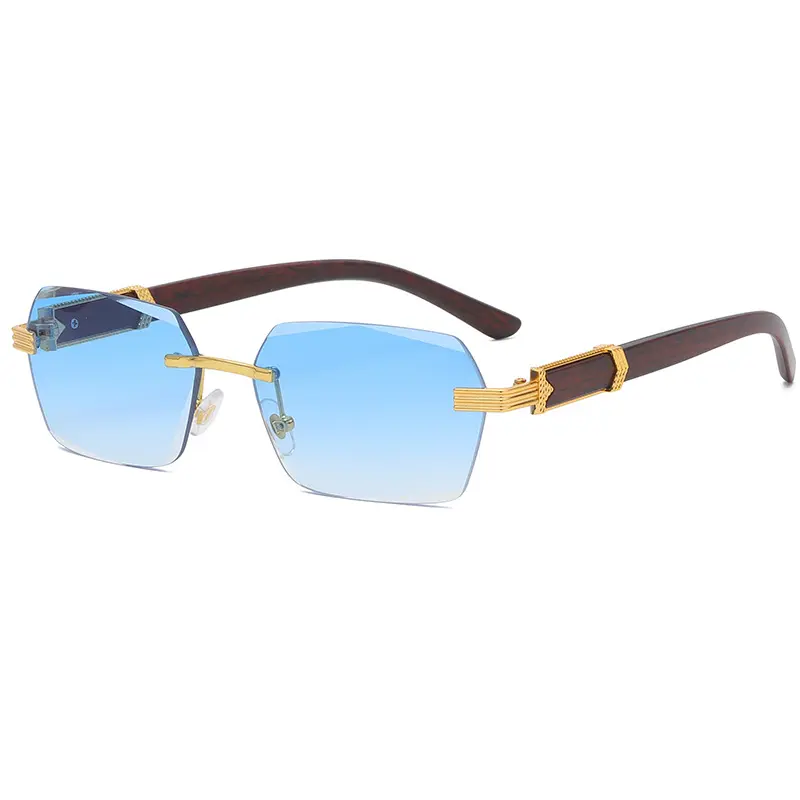 Metal Diamond Cut Sunglasses Luxury Men Sunglasses Rimless Square Wood Color Small Sunglasses