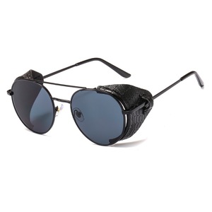 Glafors Cool Lunettes de soleil rondes Steampunk Lunettes de soleil en métal avec décoration en cuir PU doré Monture en alliage - Product Image 3