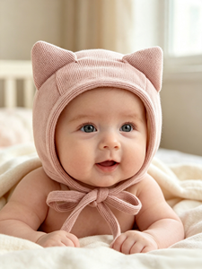 <span class=keywords><strong>Bonnet</strong></span> bébé en coton 100% avec oreilles de chat et sangle sous le menton pour garçons et filles - Product Image 3