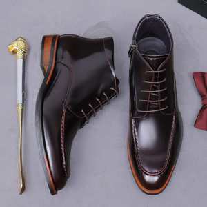 Bottes en cuir pour hommes de grande taille, faites à la main, haut de gamme, à bout pointu, style britannique, brillantes, avec fermeture éclair, bottes courtes en cuir de vache, chaussures pour hommes - Product Image 5