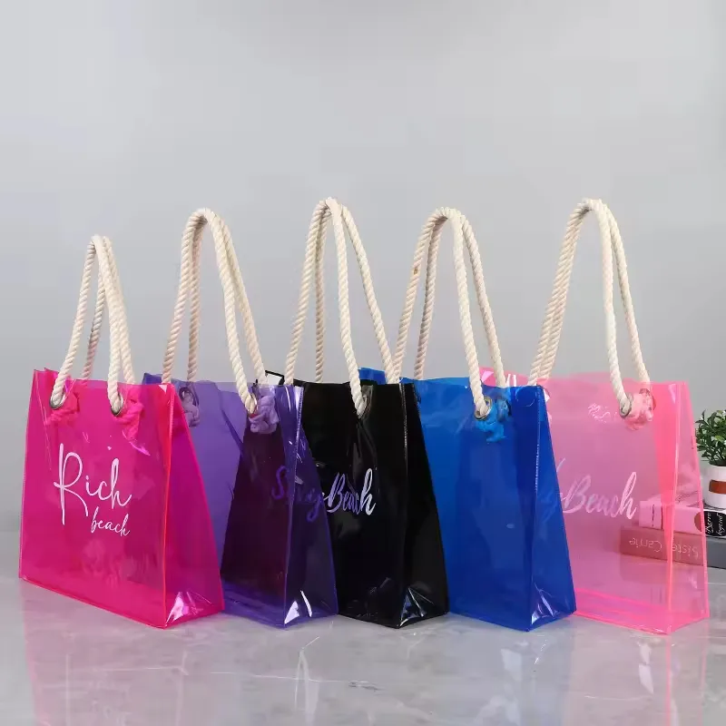 Borsa da spiaggia alla moda in Pvc trasparente trasparente Eco personalizzata con manico in cotone trasparente in vinile trasparente per Shopping borsetta