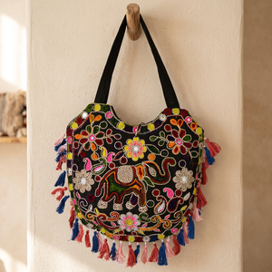 Sac à bandoulière artisanal brodé éléphant de qualité supérieure, style bohème hippie en coton, sacoche décontractée d'été - Product Image 3