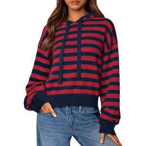 Pull à capuche rayé pour femme, tricoté, à manches longues, décontracté, respirant, pour l'hiver - Product Image 1