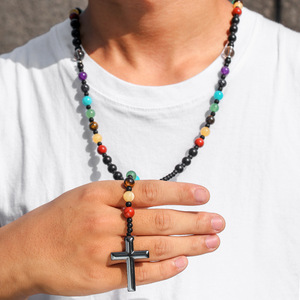 Nuova Tendenza <span class=keywords><strong>Collana</strong></span> <span class=keywords><strong>Rosario</strong></span> <span class=keywords><strong>con</strong></span> Perline in Pietra Naturale 7 Chakra e Ciondolo a Croce, <span class=keywords><strong>Collana</strong></span> Vintage da Uomo Bohemien Multicolore in Ematite - Product Image 3