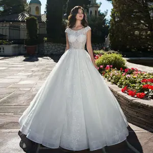 Beading Appliques Lace Princess Wedding Dresses Trouwjurk O-neck Cap Sleeve See Through Sexy Wedding Gowns Vestidos De Boda