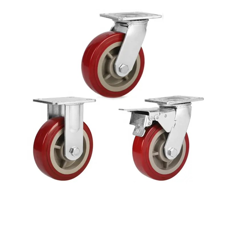 Chariot industriel résistant de PVC rouge avec des roues de roulette de pivot rigides de PVC de 4 5 6 8 pouces