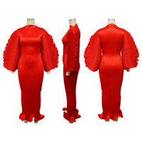 Robe longue plissée unie pour femme, col rond, manches lanternes, coupe sirène moulante, idéale pour soirée, mariage ou fête