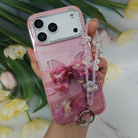 Coque de téléphone minimaliste 3D avec nœud et bracelet perlé, protection fine pour appareil photo avec strass pour iPhone 17 16 15 14 13 12 11 Pro