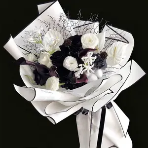 Papel para embalagem de flores com borda preto e branco, papel à prova d'água para embalagem de flores, material para lojas de flores