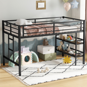 Lit mezzanine moderne et durable pour enfants avec étagères et rangement <span class=keywords><strong>en</strong></span> dessous, structure métallique robuste, taille double, pour hôtels et écoles - Product Image 3