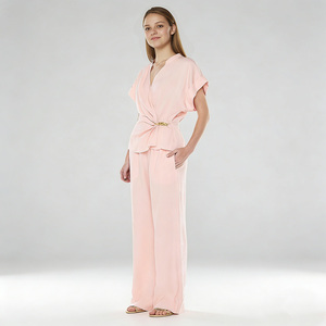 Camicetta Elegante Rosa da Donna <span class=keywords><strong>con</strong></span> Scollo a V e Maniche Corte, Stile Mock Wrap <span class=keywords><strong>con</strong></span> <span class=keywords><strong>Nodo</strong></span> e Fibbia, per Ufficio e Lavoro - Product Image 3
