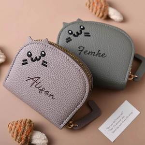 Personalized Women Multi-slot <b>Leather</b> Wallet, Customizable Engraved Name Cat-themed Coin <b>Purses</b>, Cute Small Card Pouch - Product Image 4