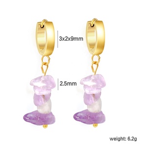 Boucles d'oreilles pendantes en pierre naturelle multicolores, bijoux fantaisie en pierre irrégulière, plaquées or 18 carats, en acier inoxydable - Product Image 3