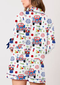 Independence Day Fourth of July <strong>Patriotic</strong> Firework Flag Car Print Long Sleeve Shirt <strong>Shorts</strong> Two Piece Pajama Set Women - Product Image 3