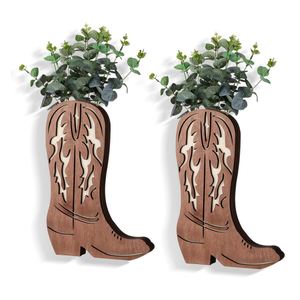 Vase mural rustique en forme de botte de cowboy, jardinière en bois, décoration murale unique de style western pour salon et entrée - Product Image 3