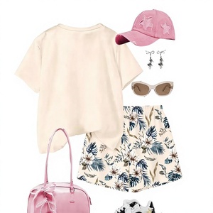 Beige Girls Casual 2Pcs Set Short Sleeve T-Shirt Print Solid Color <b>Elastic</b> Waist Shorts Comfortable Pajamas Summer Outfit - Product Image 4