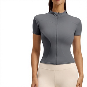Wholesale Women <b>Zip</b> Stand Collar Short Sleeve Yoga Crop Jackets Slimming Full <b>Zip</b> Athletic <b>Tops</b> Quick Dry Gym Fitness Activewear - Product Image 4