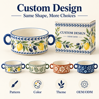 Bol à soupe en céramique à double poignée Citron Olive, peint à la main, en porcelaine, pour céréales et petit-déjeuner, personnalisable OEM ODM, vente en gros