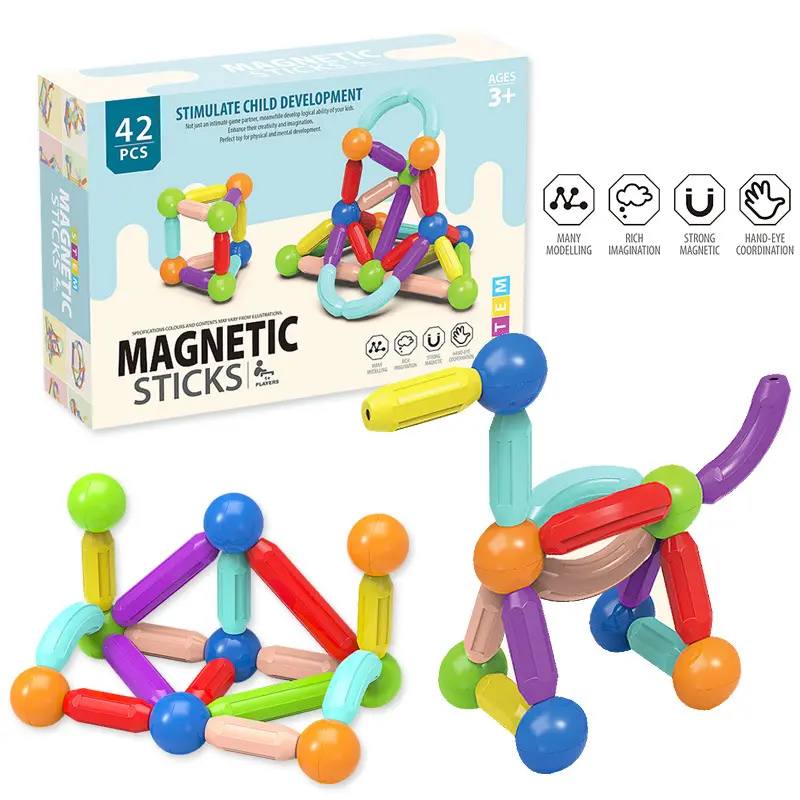 42 pièces barre magnétique jouets éducatifs pour enfants, blocs de construction pour bébé grandes particules jouets magnétiques.