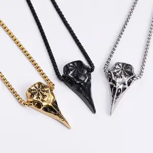 Skull Necklace Viking Compass Vegvisir Pendant Bird Crow Odin Norse Animal Ancient Protection Amulet Talisman Nordic Necklace