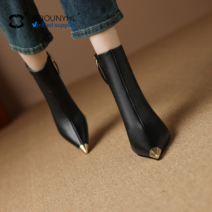 Stivali con tacco autunno inverno <span class=keywords><strong>in</strong></span> vera <span class=keywords><strong>pelle</strong></span> alla moda stivaletti alla caviglia con cerniera Sexy tacco alto a punta neri stivaletti - Product Image 6