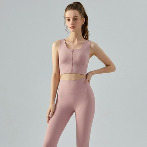 Wholesale Women Front Full Zip Wide Strap Racerback Yoga Bra Padded Medium <b>Support</b> Sports Bra Gym Pilates Workout <b>Crop</b> <b>Top</b> - Product Image 2