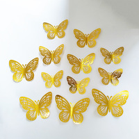 Vente en gros d'autocollants décoratifs pour chambre, 12 pièces, autocollants muraux amovibles en papillon 3D dorés pour fête d'anniversaire, mariage, décorations de salle de classe