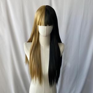 Peluca sintética <span class=keywords><strong>con</strong></span> <span class=keywords><strong>malla</strong></span> <span class=keywords><strong>frontal</strong></span>, pelo largo y liso, mitad negra y mitad prearrancada, resistente al calor - Product Image 1