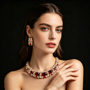 Brass Gold Plated Red Cubic Zirconia Imitation Pearl <b>Statement</b> <b>Necklace</b> Earrings Set for Women Engagement Wedding Gift - Product Image 5
