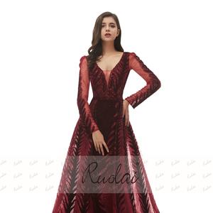 Ruolai PEV-L3147 lusso <span class=keywords><strong>Tulle</strong></span> velluto <span class=keywords><strong>pizzo</strong></span> maniche lunghe sirena festa abiti da sera donna - Product Image 4