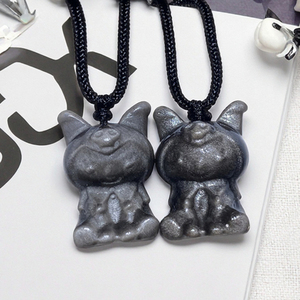Venta al por mayor tallado a mano 2-3cm plata Natural obsidiana cristal melodía dibujos animados Kuromi tallado COLLAR COLGANTE para regalo - Product Image 4