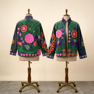 Elegant <b>Velvet</b> Embroidered Cotton Knitted Bomber <b>Jacket</b> <b>Women</b> Stand Collar Floral Handmade Ethnic Boho Autumn Quick Dry Full - Product Image 1