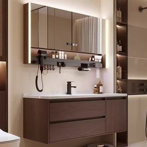 <b>Walnut</b> color bathroom <b>cabinet</b> mirror ceramic integrated hand wash basin smart mirror <b>cabinet</b> - Product Image 4