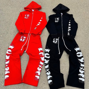 Custom Fashion Rhinestone Printing Zip Up Hoodie And Sweatpants Set <strong>Tracksuit</strong> Men Baggy Sweatpants Jogging Suit - Product Image 1