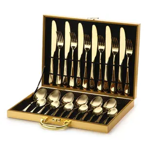 H16 24 Pcs/Set Peralatan Makan 304 Stainless Steel Kotak Kayu Steak Kopi Makan Makan Electroplating Emas Pisau Garpu Sendok Set