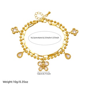 Gold Plated Stainless Steel Double Chain Bracelet With Butterfly Pendant Teardrop Crystal Charm Stackable Fashion Jewelry Gift - Product Image 4