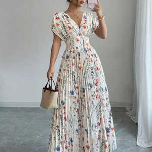 Maxi <span class=keywords><strong>abito</strong></span> a maniche corte elegante con scollo a V da <span class=keywords><strong>donna</strong></span> con stampa in lamina dorata a blocchi di colore in vita anteriore regolabile con coulisse plissettato - Product Image 2
