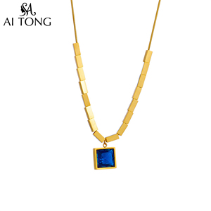 Collier élégant en acier inoxydable, style rétro parisien, avec pendentif carré orné de diamants bleus, polyvalent, idéal pour les trajets quotidiens - Grande <span class=keywords><strong>Vente</strong></span> - Product Image 5