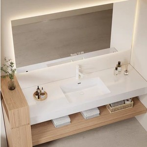 Meuble de salle de bain de luxe en bois massif multicouche avec miroir intelligent, lavabo intégré, finition sans peinture, couleur bois naturel, pour toilettes - Product Image 4